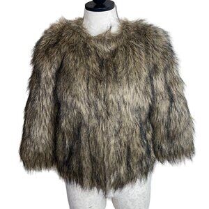 Benetton Womens Jacket Coat Size 40 Brown Faux Fur Lined Cropped Casual